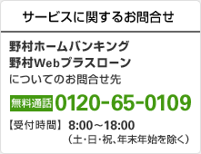サービスに関するお問合せ 野村ホームバンキング 野村Webプラスローンについてのお問合せ先 無料通話0120-65-0109 【受付時間】8：00～18：00（土・日・祝、年末年始を除く）