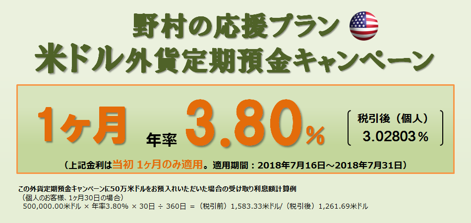 ＜野村の応援プラン＞米ドル外貨定期預金キャンペーン