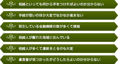 相続といっても何から手をつければよいのか分からない、手続が思いのほか大変でなかなか進まない、取引している金融機関の数が多くて煩雑、相続人が離れた地域に住んでいる、相続人が多くて連絡をとるのも大変、遺言書が見つかったがどうしたらよいのか分からない